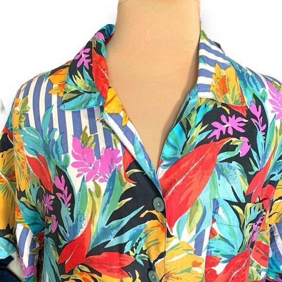 Vintage New Concepts Shirt Tropical Palm Striped Oversized Blue White Silk Large - Picture 2 of 9